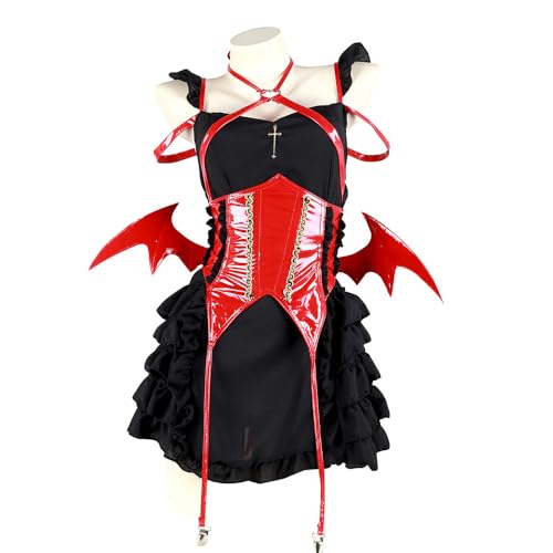 Ciyoulio Anime Maid Dress Cosplay Kurumi Tokisaki Gothic Vampir Kleid, Damen Halloween Dämon Kostüm Karneval Fledermaus Kleid Anime Maid Outfit von Ciyoulio