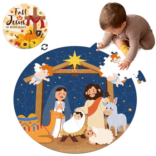 Thanksgiving-Bodenpuzzle für Kinder, doppelseitiges Herbst-Puzzle, Baby in einer Krippe, 70 Teile, ab 3 Jahren, Jesus, Weihnachtspuzzle, 55,9 cm von CiyvoLyeen