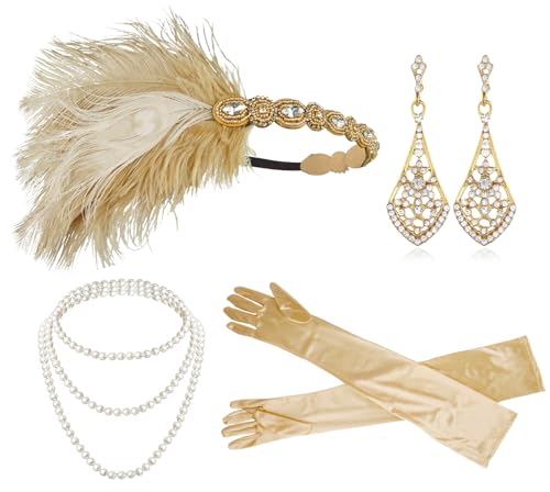 Cizoe 1920er Jahre Flapper Gatsby Kostüm Zubehör Set 20er Jahre Flapper Stirnband Vintage Perle Halskette Handschuhe, re, Einheitsgröße von Cizoe