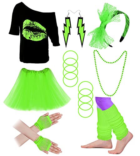 Damen 80er Jahre Kostüm Zubehör Set, Lippen Print Off Shoulder Tops Stirnband Beinwärmer Fischnetz Handschuhe Bedruckte Leggings (E-Green-Tutu Rock, L) von Cizoe