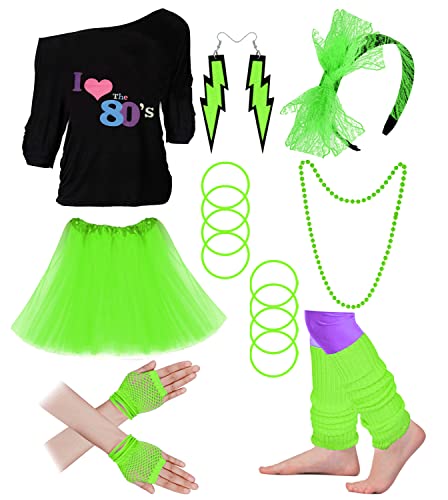 Damen 80er Jahre Kostüm Zubehör Set, Lippen Print Off Shoulder Tops Stirnband Beinwärmer Fischnetz Handschuhe Bedruckte Leggings (H-80S-Green Tutu Rock, L) von Cizoe