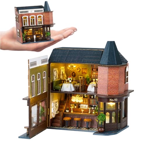 3D-Miniatur-Haus-Set, winzige Haus-Sets zum Bauen, DIY-Holzhandwerk für Erwachsene, Mini-Modellbausätze mit LED und Möbeln, Weihnachten und Geburtstag für Frauen (Eckrestaurant) von Cjeuxnr