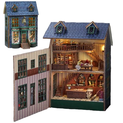 3D-Miniatur-Haus-Set, winzige Haus-Sets zum Bauen, DIY-Holzhandwerk für Erwachsene, Mini-Modellbausätze mit LED und Möbeln, Weihnachten und Geburtstag für Frauen (Magic Shop) von Cjeuxnr