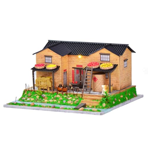 Cjeuxnr Chinesisches Puppenhaus zum Selbermachen, idyllischer Landhausstil, handgefertigtes Hausmodell, Miniatur-Puppenhaus-Möbel-Set, 3D-Kreativraum, Neujahr, Geburtstag, Hochzeit, Geschenk von Cjeuxnr