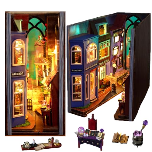 Cjeuxnr DIY Book Nook Kit, 3D Wooden Puzzle Miniature Booknook Bookend Bookshelf Decor with LED Light Furniture for Bookshelf Insert Decor Crafts Model Build Miniature House Kit Birthday von Cjeuxnr