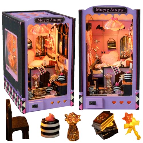 Cjeuxnr DIY Book Nook Kit, 3D Wooden Puzzle Miniature Booknook Bookend Bookshelf Decor with LED Light Furniture for Bookshelf Insert Decor Crafts Model Build Miniature House Kit Birthday (Magic House) von Cjeuxnr