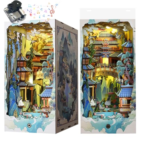 Cjeuxnr DIY Book Nook Kit, Miniatur-Pavillon-Bücherhaus im chinesischen Stil, 3D-Puzzle-Buchstützen-Einsatz-Dekor, mit Sensor-Licht und Staubschutz, Stand-Bücherregal für Zuhause, 1, transparent von Cjeuxnr