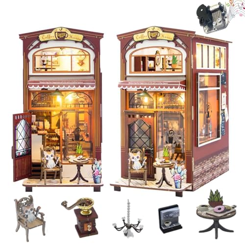 Cjeuxnr DIY Book Nook Kit 3D Coffee House Wooden Snap Together Book Stand Miniature Creative Handmade Dollhouse with LED Light Suitable for Teens and Adults Collection von Cjeuxnr