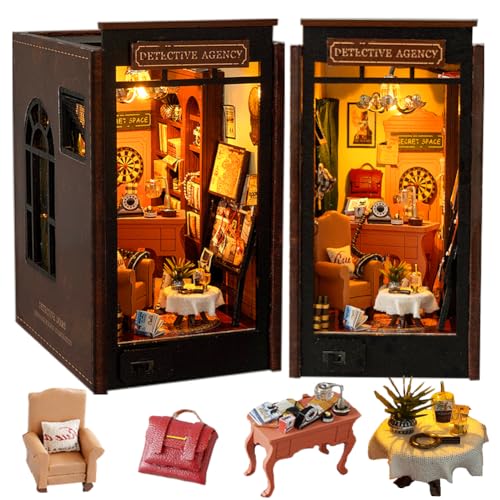 Cjeuxnr DIY Book Nook Kit Kreativer Buchständer Einsatz Bücherregal Miniatur Haus Zimmer Modell mit LED-Licht 3D Holzpuzzle Gebäude (Petective Agency) von Cjeuxnr