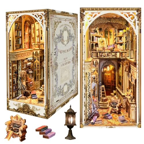 Cjeuxnr DIY Book Nook Kit Mini Dollhouse Booknook Bookshelf Set 3D Wooden Puzzle with LED Decorative, Halloween Creative Home Decor for Adult (Courtyard) von Cjeuxnr