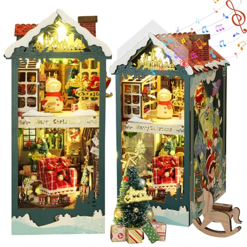 Cjeuxnr DIY Holzpuzzle Weihnachten Buch Nook Kit 3D Miniatur Buchstütze Bücherregal Einsatz Dekor Haus Puppenhaus Set für Erwachsene von Cjeuxnr