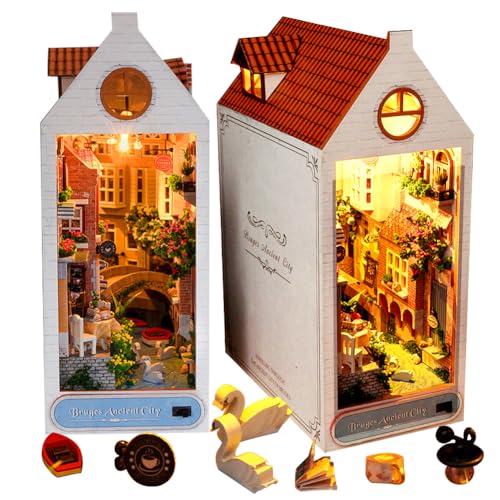 Cjeuxnr DIY Miniatur Book Nook Kit 3D Holz Dekorative Buchstützen Zimmer Handwerk Modell mit LED-Licht und Möbeln für Erwachsene Holzpuzzle Buchstütze Bücherregal Dekor von Cjeuxnr