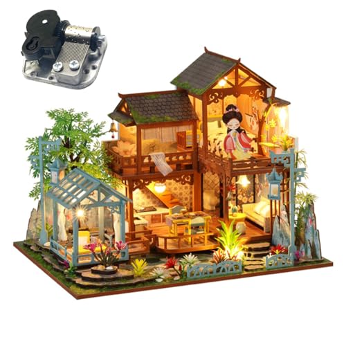 Cjeuxnr DIY Miniatur- und Möbel-Puppenhaus-Set, Mini-3D-Holzpuppenhaus, Bastelmodell mit LED-Lichtern und mit Spieluhr, kreative Raumidee für Erwachsene (ohne Staubschutz) von Cjeuxnr
