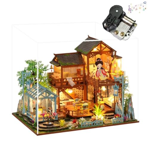 Cjeuxnr Miniatur-Puppenhaus-Gartenvilla, Architekturmodell, 3D-chinesischer antiker Stil, Puppenhaus mit LED-Lichtern, Spieluhr und Staubschutz, kreatives Bastelgeschenk, Puppenhausmodell als von Cjeuxnr