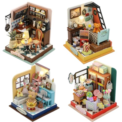 Cjeuxnr Miniatur-Puppenhaus-Set, 4-teiliges Miniatur-Puppenhaus-Set, handgefertigtes Miniatur-Holzmöbel-Set mit LED-Lichtern, Kunsthandwerk und Heimtextilien von Cjeuxnr