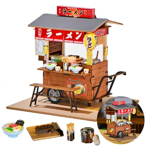 Cjeuxnr Miniatur-Puppenhaus-Set zum Selbermachen, japanischer Laden, Holzpuppenhaus, kleines Haus-Set mit Möbelbau, Modell-Puzzle-Spielzeug für kreative Geschenke (japanischer Lamian-Nudelladen) von Cjeuxnr