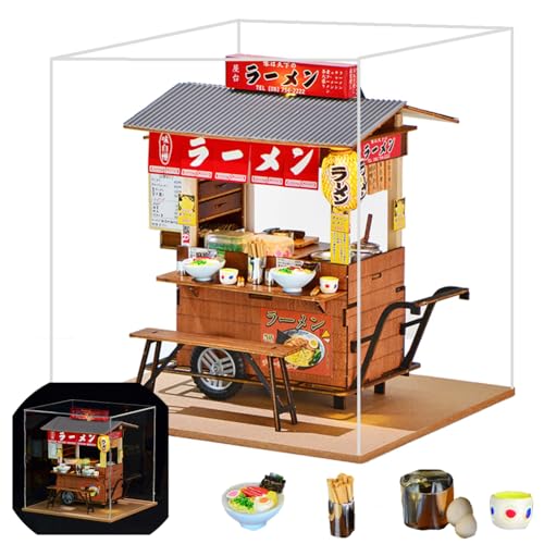 Cjeuxnr Miniatur-Puppenhaus-Set zum Selbermachen, japanischer Laden, Holzpuppenhaus, kleines Haus-Set mit Möbelbau, Modell-Puzzle-Spielzeug für kreative Geschenke (japanischer Lamian-Nudelladen, mit von Cjeuxnr