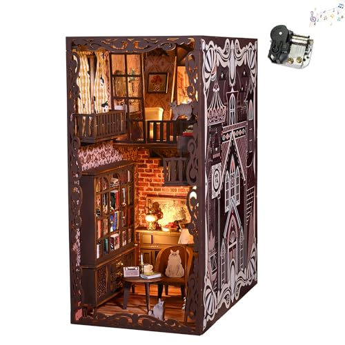 Cjeuxnr Miniaturmodellbausatz Haus 3D Holzpuzzle Bücherregal Einsatz Buchstützen DIY Modellbau Kits mit LED-Licht und Spieluhr Haus Spielzeug Geschenke für Erwachsene und Jugendliche von Cjeuxnr