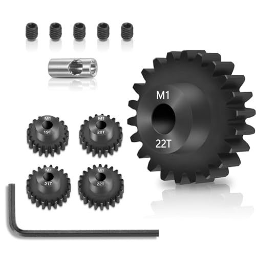 Cjuide Mod 1 Ritzelsatz 4-Teilig, 19T 20T 21T 22T M1 Ritzel Aus Metall Aus Gehärtetem Stahl, Passend für 5 mm RC-Motorwelle mit Sechskantschlüssel von Cjuide