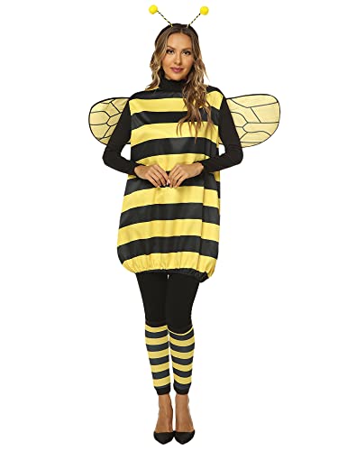 Cjydfd Bienen-Cosplay-Kostüm für Damen und Kinder, Halloween-Set, Hummel, Kostüm, Cosplay-Kleid mit Flügeln, Stirnband, Beinärmel, Rollenspiel (Mom, XXL, A-Gelb Erwachsene) von Cjydfd