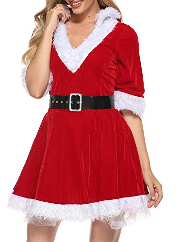 Cjydfd Frauen-Weihnachtsmann-Weihnachtskostüm, Samt, mit Kapuze, Cosplay-Set, Kostüm-Outfit, Plüsch, V-Ausschnitt, Cosplay-Kleid (A-Red, L) von Cjydfd