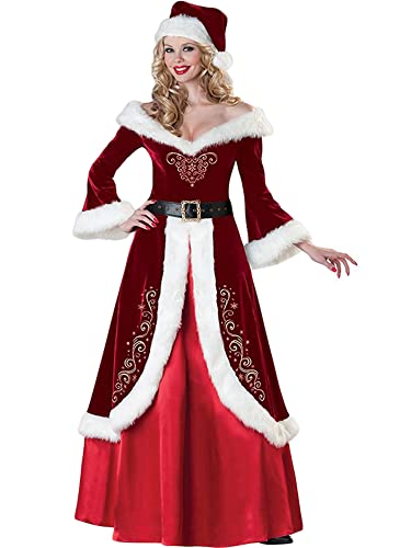 Cjydfd Weihnachten Weihnachtsmann Cosplay Kostüm Erwachsene Luxus Deluxe Samt Cosplay Verkleidung Cosplay Rot Outfit Sets Party Kostüm (E-Red Woman, L) von Cjydfd