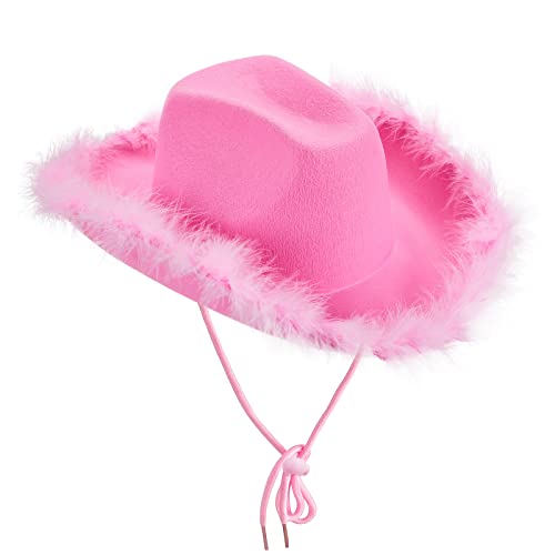 Cowboyhut für Damen, flauschiger Feder, Plüschbesatz, Kordelzug, verstellbar, Western-Disco-Fisch, Fischhut, ausgefallene Feiertagsparty, Kostümzubehör (A-Pink, Einheitsgröße) von Cjydfd