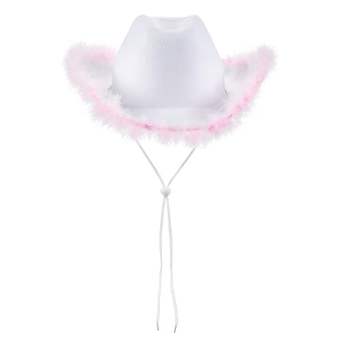 Cowboyhut für Damen, flauschiger Feder, Plüschbesatz, Kordelzug, verstellbar, Western-Disco-Fisch, Fischhut, ausgefallene Feiertagsparty, Kostümzubehör (A-Weiß, Rosa, Einheitsgröße) von Cjydfd