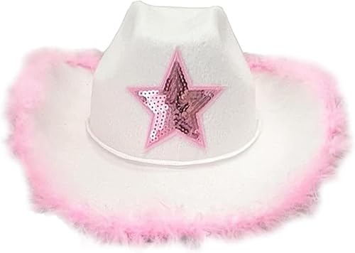 Cowboyhut für Damen, flauschiger Feder, Plüschbesatz, Kordelzug, verstellbar, Western-Disco-Fisch, Fischhut, ausgefallene Feiertagsparty, Kostümzubehör (B-Weiß-Rosa, Einheitsgröße) von Cjydfd