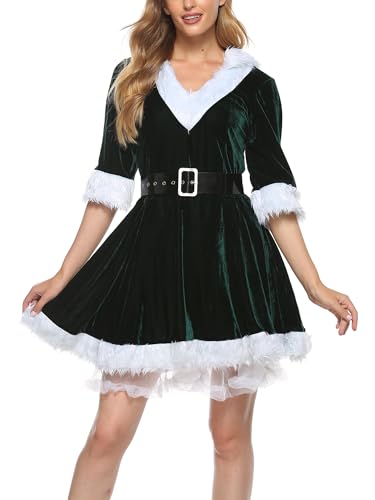 Frauen-Weihnachtsmann-Weihnachtskostüm, Samt, mit Kapuze, Cosplay-Set, Kostüm-Outfit, Plüsch, V-Ausschnitt, Cosplay-Kleid (C-Grün, M) von Cjydfd