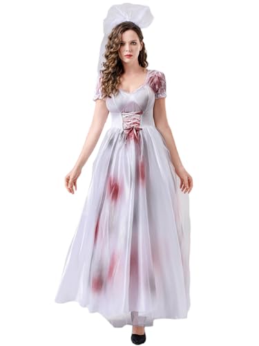 Zombiebrautkostüm für Damen, blutige Schnürung, Korsettkleid, geschwollene Gothic-Kopfbedeckung, Halloween, Karneval, Kostüm, Cosplay (A-Grau, L) von Cjydfd