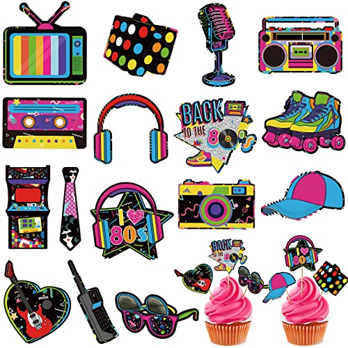 32 Stücke 80er Cupcake Topper 80er Thema Geburtstag Party Dekorationen für Erwachsene 80er Party Dekorationen Volles 1980er Party Zubehör DIY Dessert Toppers Rollschuh Kuchen Topper (80s Style) von Clabby