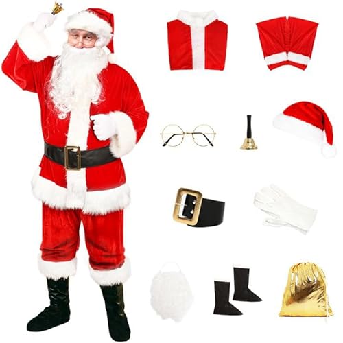 Claofoc 10 Teiliges Weihnachtsmann Kostüm Erwachsene Herren Weihnachtsmann Kostüm Luxuriöses Weihnachtsmann Kostüm Weihnachtsmann Outfit für Weihnachten Kostüm Party (2XL) von Claofoc