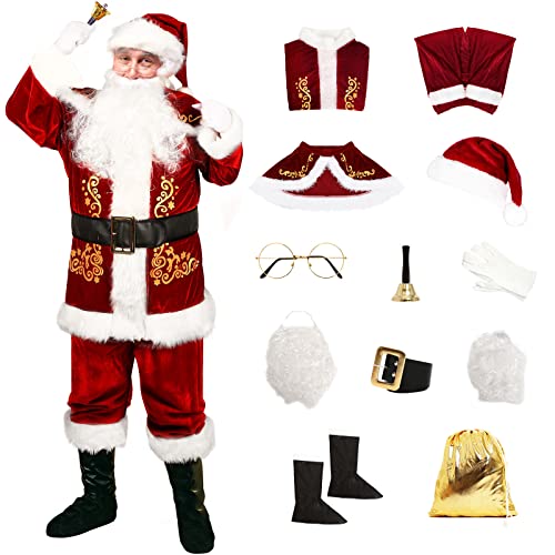 Claofoc 12 Teiliges Weihnachtsmann Kostüm für Erwachsene Herren Deluxe Weihnachtsmann Anzug Weihnachten Cosplay Weihnachtsmann Kostüm Set Komplettes Outfit (L) von Claofoc