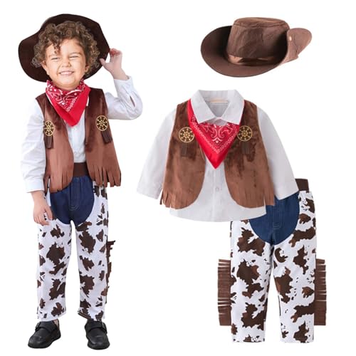 Claofoc 4 Stück Cowboy Kostüm Kinder Western Cowboy Zubehör Outfits Cowboy Weste Cowboy Hut Kinder Halstuch Halloween Karneval Cosplay Kostüm (70) von Claofoc