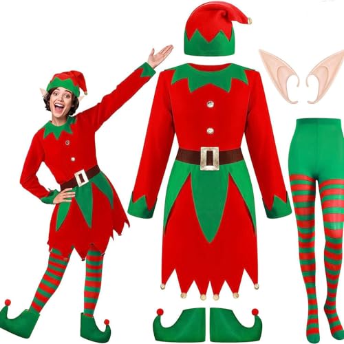 Claofoc 6 Teiliges Weihnachtselfen Kostüm Damen Kleider Weihnachtskostüm Damen mit Gürtel Ggestreifte Strümpfe und Hüte Set für Cosplay Rollenspiel Party Outfits (3XL) von Claofoc