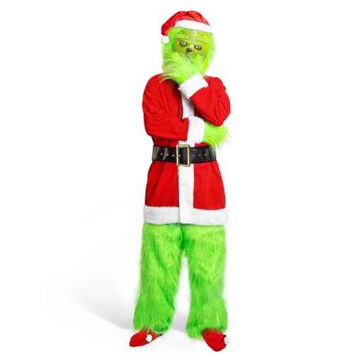 Claofoc 7 Teiliges Grinch Kostüm Erwachsene Männer Deluxe Santa Anzug Set Weihnachten Cosplay Kostüm Outfit mit Grinch Maske Handschuhe Hut Hosen Socken (M) von Claofoc