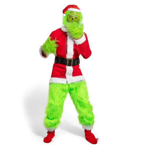 Claofoc 7 Teiliges Grinch Kostüm Erwachsene Männer Deluxe Santa Anzug Set Weihnachten Cosplay Kostüm Outfit mit Grinch Maske Handschuhe Hut Hosen Socken (S) von Claofoc