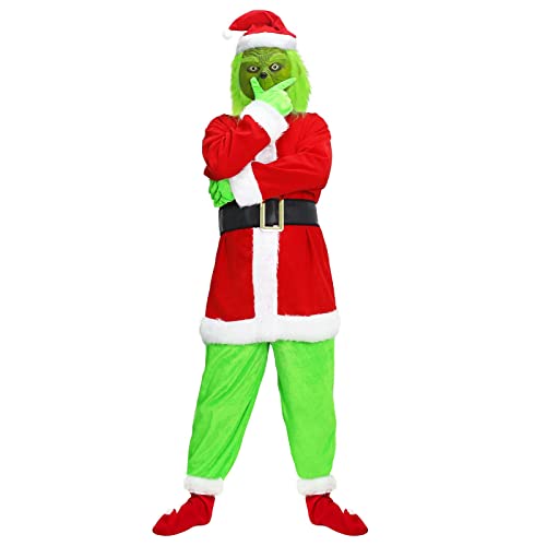 Claofoc 7 teiliges Grinch Kostüm Erwachsene Grinch Maske Hose Weihnachtsmütze Cosplay Outfit Set Halloween Weihnachten Lustige Cosplay Kostüm Requisiten (3xl) von Claofoc