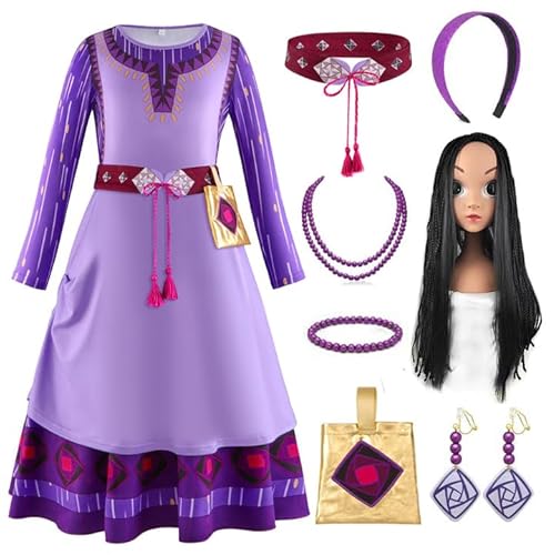 Claofoc 8PCS Wish Asha Kostüm Kleid Mädchen Lila Cosplay Prinzessin Outfits mit Asha Perücke Zubehör 3-10 Jahre alte Mädchen Weihnachtsgeburtstagsgeschenke (XL) von Claofoc