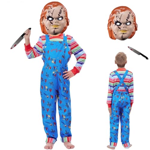 Claofoc Chucky Kostüm für Kinder gestreifter Overall Chucky Maske Plastikmesser Jumpsuit Kinder Horror Halloween Karneval Kostüm Cosplay (L) von Claofoc