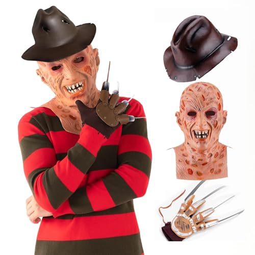 Claofoc Freddy Krueger Kostüm Halloween 4-teilig Horror Freddy Pullover mit Maske Claw Hat Handschuhe On Elm Street Freddy Krueger Kostüm für Erwachsene Cosplay (L) von Claofoc