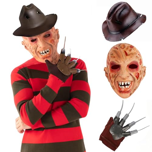 Claofoc Freddy Krueger Kostüm für Kinder Halloween 4-teilig Horror Freddy Pullover mit Maske Claw Hat Handschuhe On Elm Street Freddy Krueger Cosplay Kostüm (L) von Claofoc