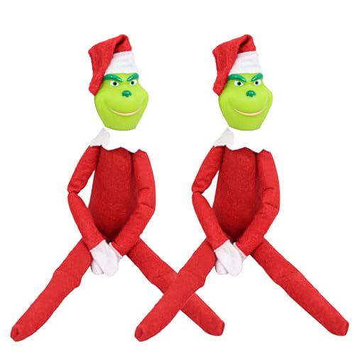 Claofoc Grinch Kuscheltier Christmas Elf Plüschtier Grinch Figur Weihnachtself Puppe Zweiteiliges Set Grinch Plüschtier auf dem Tisch Schreibtisch Regal von Claofoc