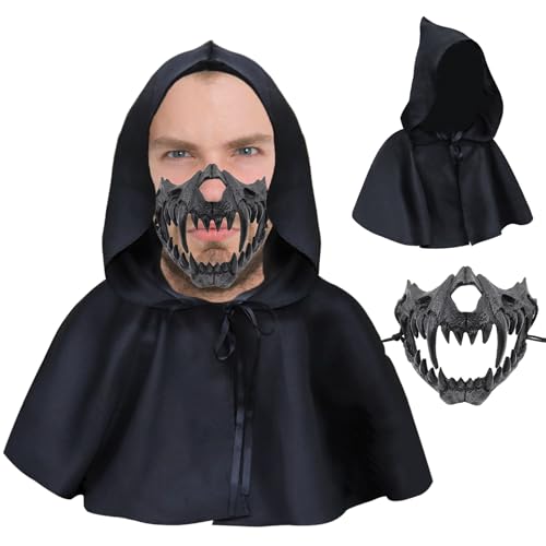 Claofoc Japanische Maske Halloween Tiger Maske Ye Dragon God Schwarze Knochen Harz Totenkopf Gruselige Horror Ninja Cosplay Kostüm Requisiten für Erwachsene (2-teiliges Set A) von Claofoc