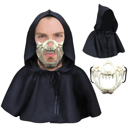 Claofoc Japanische Maske Halloween Tiger Maske Ye Dragon God Schwarze Knochen Masken Harz Totenkopf Gruselige Horror Ninja Maske Cosplay Kostüm Requisiten für Erwachsene (2-teiliges Set B) von Claofoc