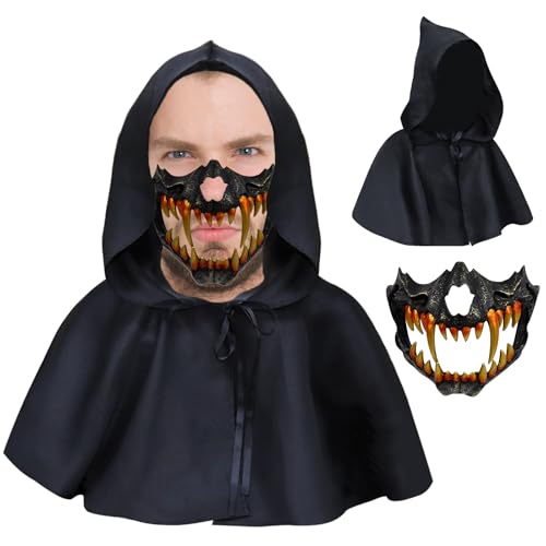 Claofoc Japanische Maske Halloween Tiger Maske Ye Dragon God Schwarze Knochen Masken Harz Totenkopf Gruselige Horror Ninja Maske Cosplay Kostüm Requisiten für Erwachsene (2-teiliges Set C) von Claofoc