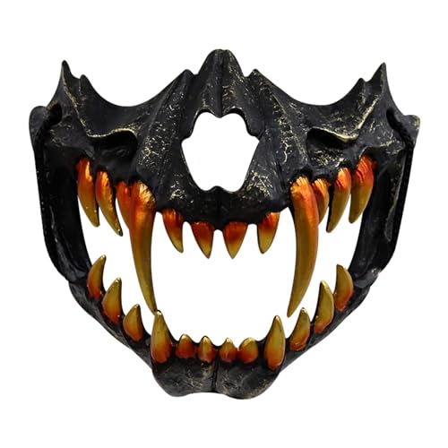 Claofoc Japanische Maske Halloween Tiger Maske Ye Dragon God Schwarze Knochen Harz Totenkopf Gruselige Horror Ninja Cosplay Kostüm Requisiten für Erwachsene (Schwarzgold) von Claofoc