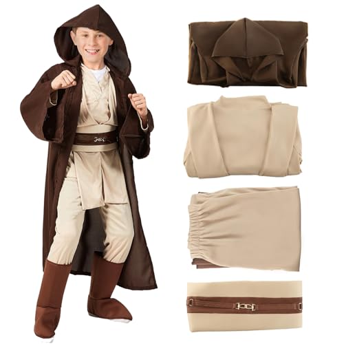 Claofoc Jedi Kostüm Kinder Jedi Robe Kapuzenrobe Umhang Tunika Cosplay Kostüm Uniform Outfits komplettes Set Halloween Ritter Kostüm (L) von Claofoc