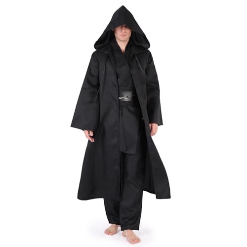 Claofoc Jedi Kostüm für Erwachsene Männer Jedi Robe Kapuzenrobe Umhang Tunika Cosplay Kostüm Uniform Outfits komplettes Set Halloween Ritter Kostüm (Schwarz, 2XL) von Claofoc